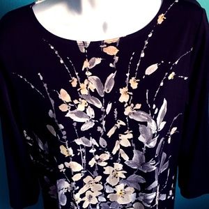 Susan Graver Blouse Black Top Rhinestone Flowers